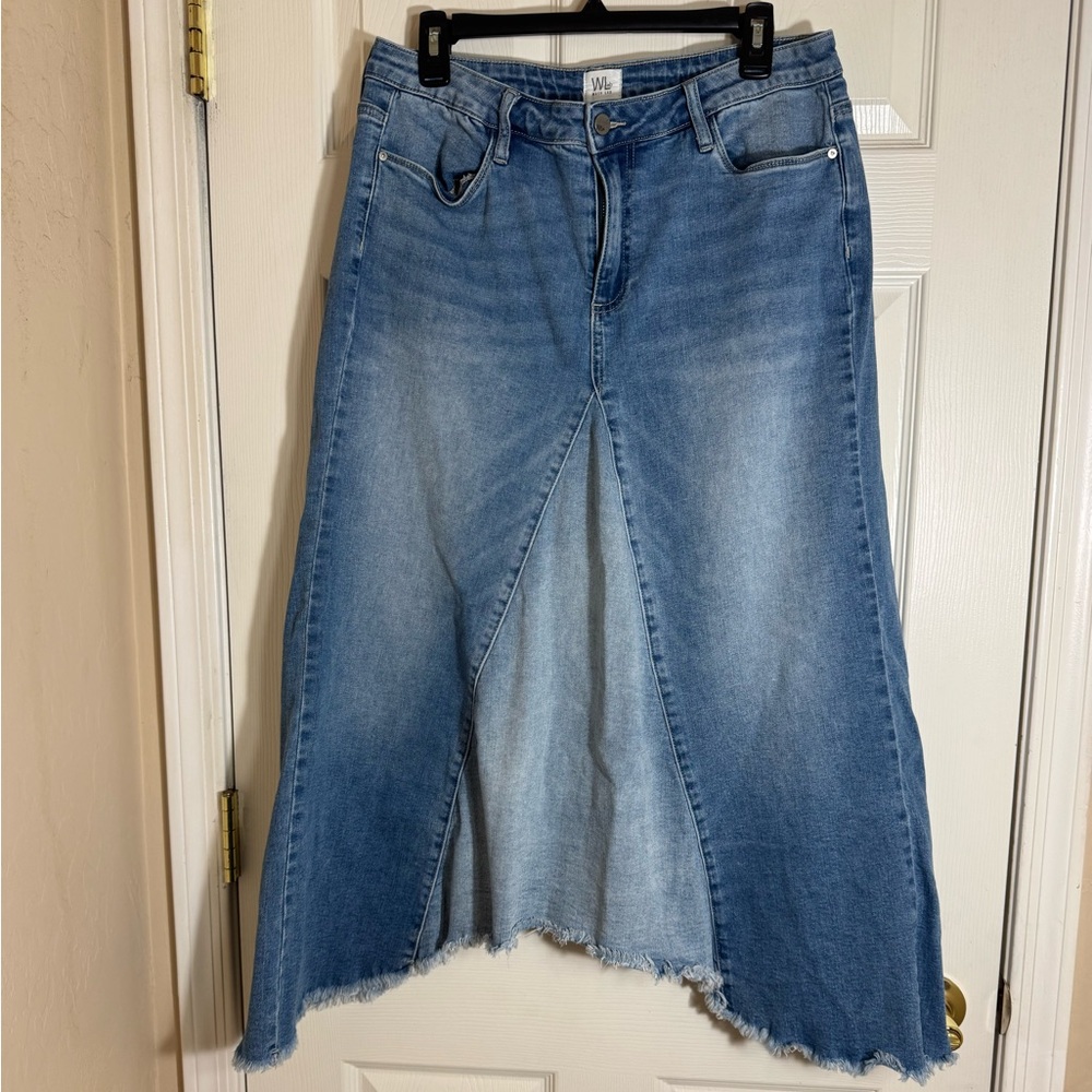 Wash Lab Asymmetrical Pierced Denim Midi Skirt Size 31 Frayed Hem Jean Skirt - Picture 3 of 11